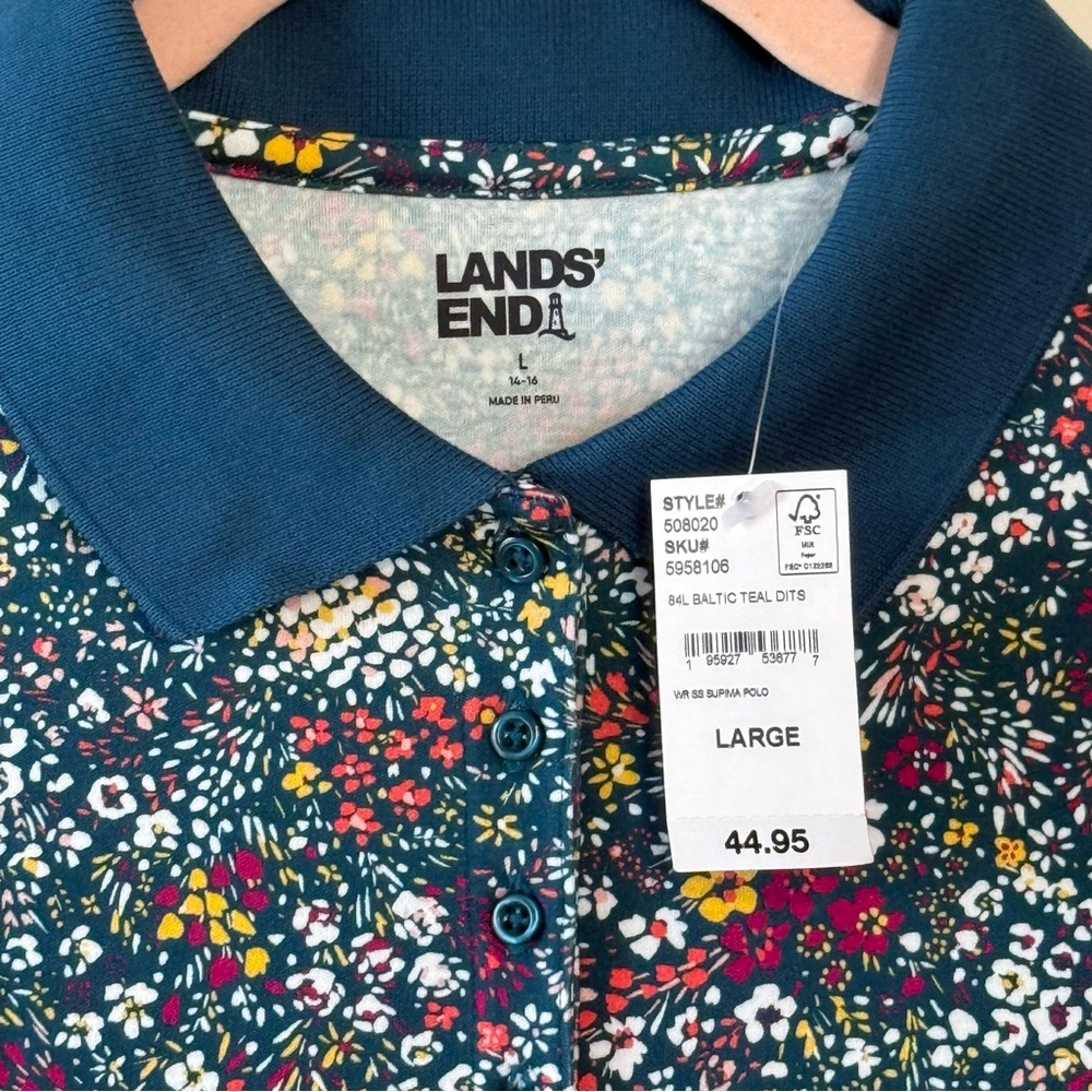 Lands' End Supima Cotton Short Sleeve Polo Shirt Baltic Teal Ditsy Floral NWT - Picture 8 of 13